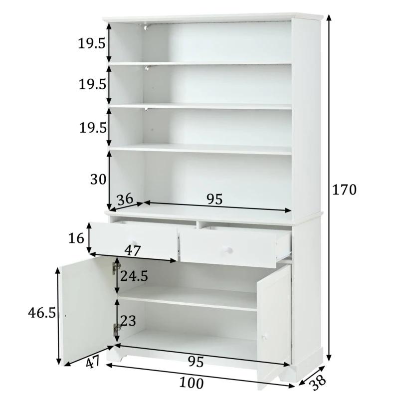 Vitrine de pé com 7 compartimentos, 2 portas, 2 gavetas, iluminação LED integrada, 100x38x170 cm, Branco