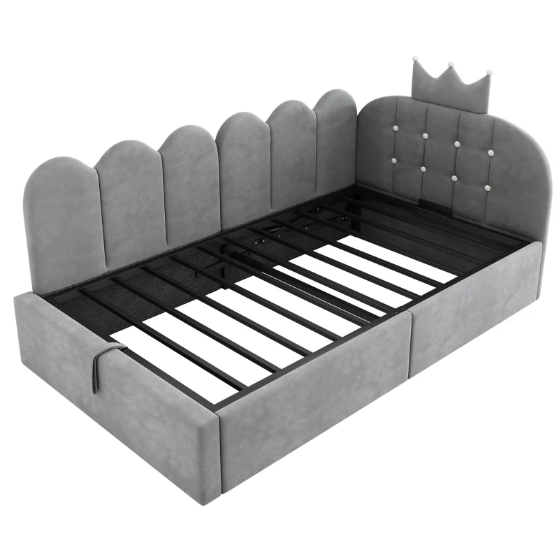 Letto singolo a L imbottito con spazio contenitore inferiore, 199x96x96 cm, Grigio