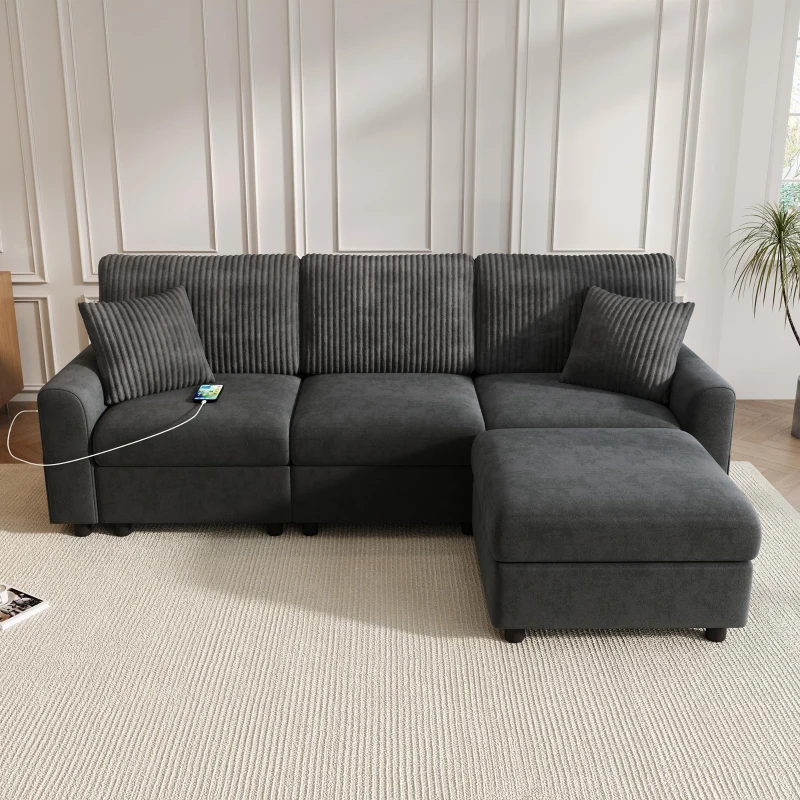 Divano moderno con pouf poggiapiedi, ricarica laterale doppia e 2 cuscini quadrati, 223x146x84 cm, Nero