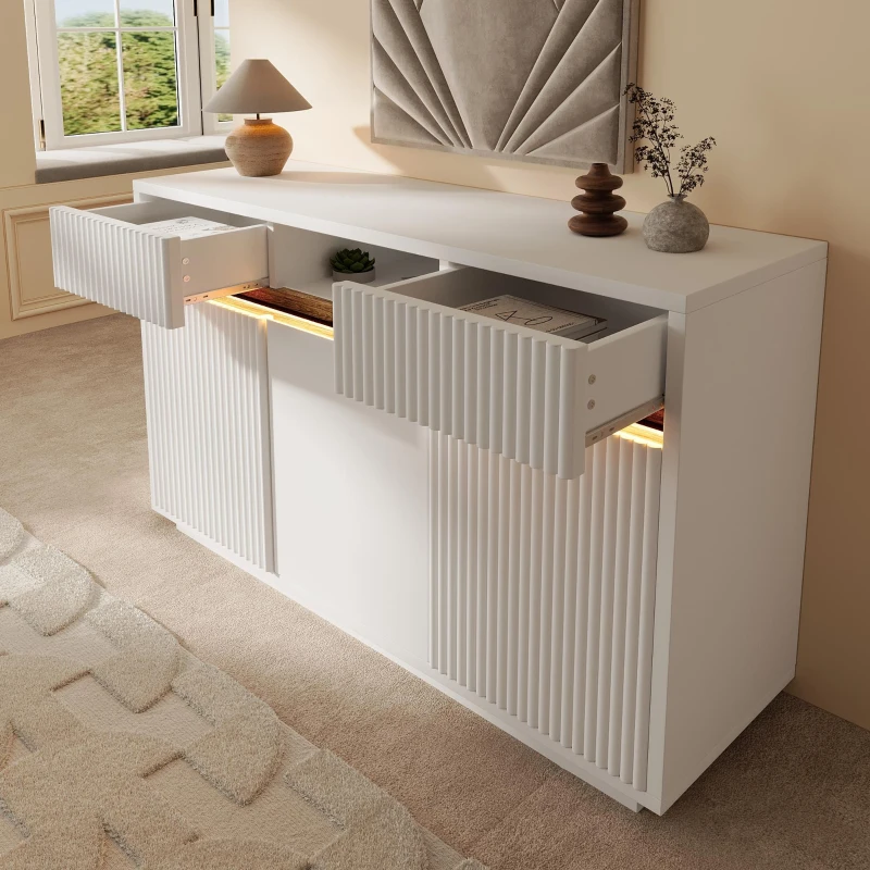 Aparador moderno com fita LED, 2 gavetas e 3 portas, prateleiras ajustáveis, 140x40x85 cm, Branco