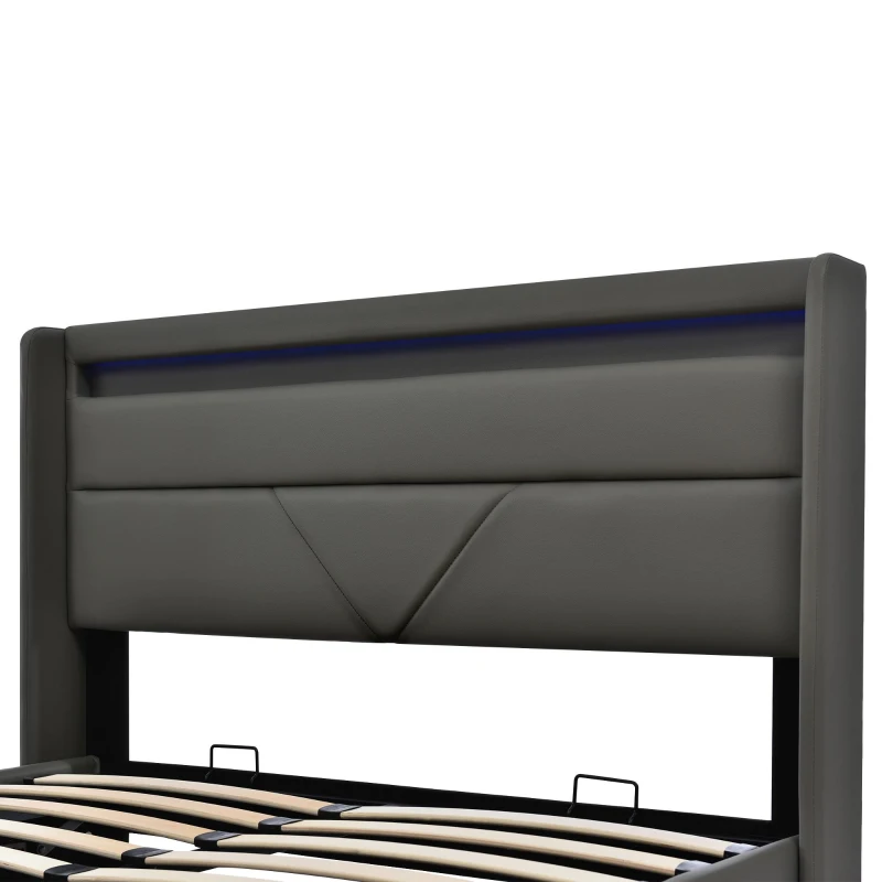 Cama con canapé hidráulico, gran espacio de almacenamiento bajo-cama con pistón elevador, tapizado PU-piel sintética, 202x166x107,5 cm, Gris