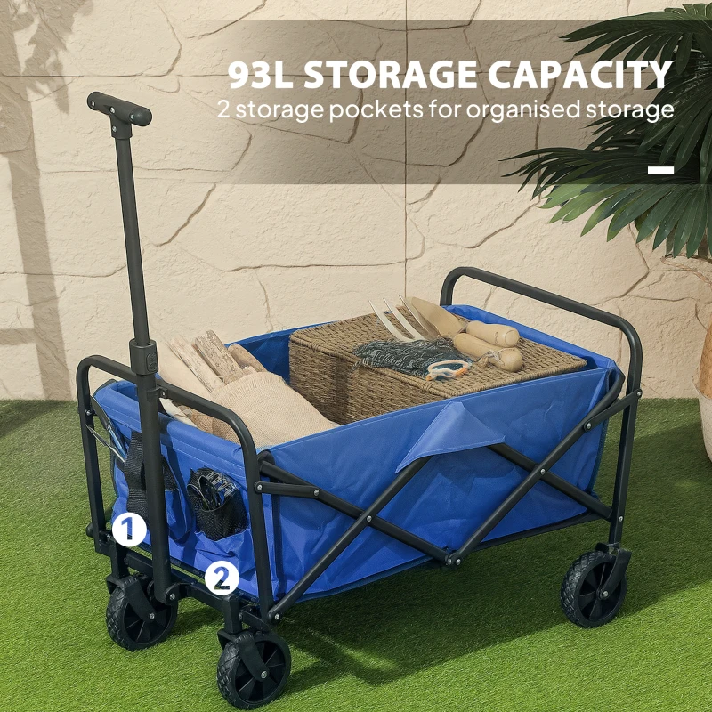 Outsunny 93L Festival Trolley on Wheels, Garden Folding Trolley Cart, 120kg Heavy Duty Collapsible Folding Wagon with Adjustable Handle and Carrying Bag for Beach, Camping, Festival, Blue