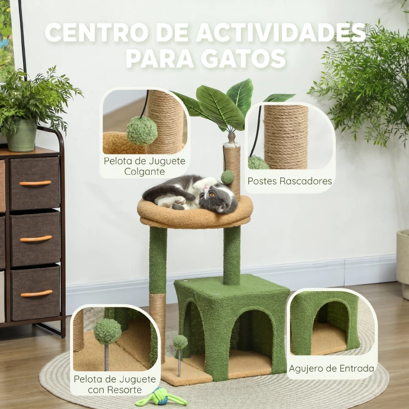 PawHut Árbol Rascador para Gatos 98 cm con Hojas Artificiales Cueva Cama Postes Rascadores 2 Bolas Cubierto Terciopelo Verde