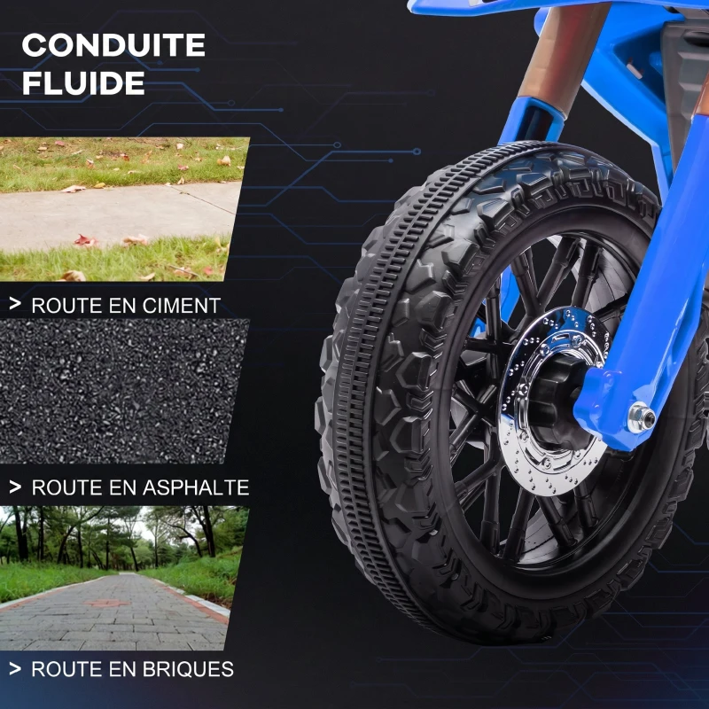 AIYAPLAY Moto cross électrique pour enfants 3-8 ans, batterie 6 V, 2 moteurs, klaxon et roues d'entraînement, charge 30KG, bleu