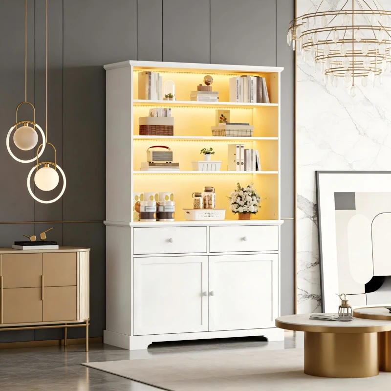Vitrine de pé com 7 compartimentos, 2 portas, 2 gavetas, iluminação LED integrada, 100x38x170 cm, Branco