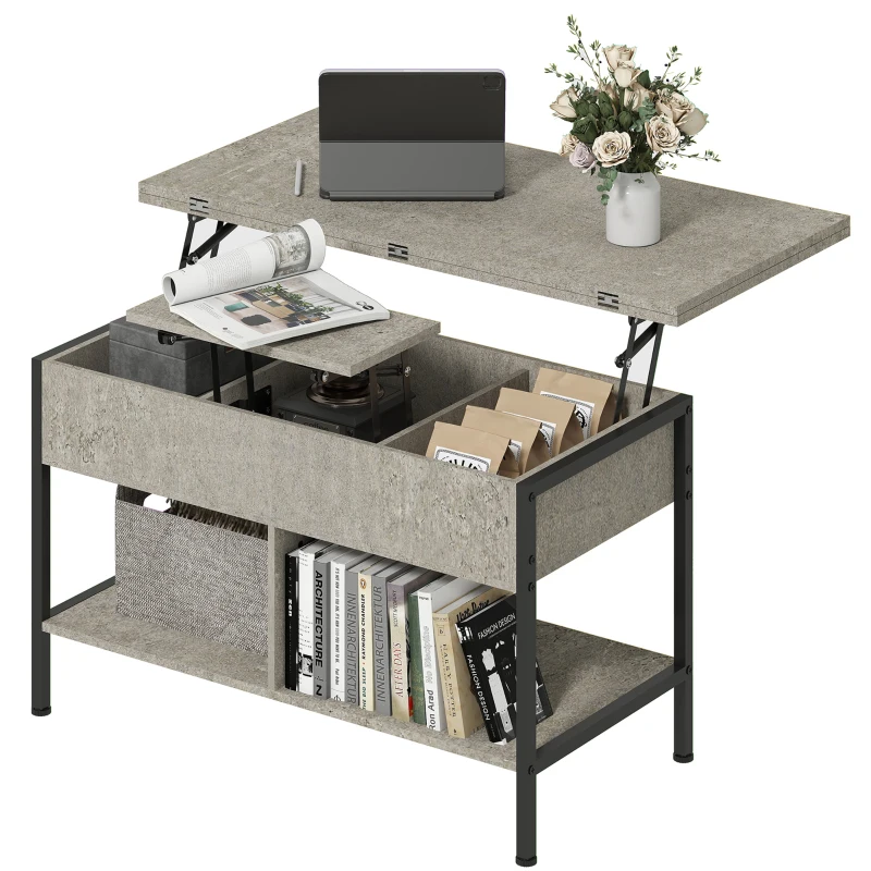 HOMCOM Mesa de centro elevável e extensível, mesa de sala com compartimento escondido prateleiras abertas, 98x49x55cm, cinza