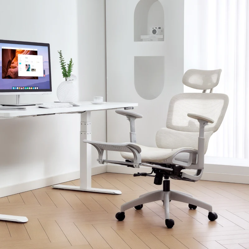 HOMCOM Cadeira de Escritório Ergonómica de Rede com Apoios de Braços 3D Reclinável até 135° Encosto de Cabeça Ajustável Bege