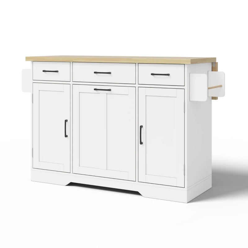 Isola per cucina per 2-4 persone con piano di lavoro ribaltabile e ruote girevoli a 360°, 120x70x87 cm, Bianco