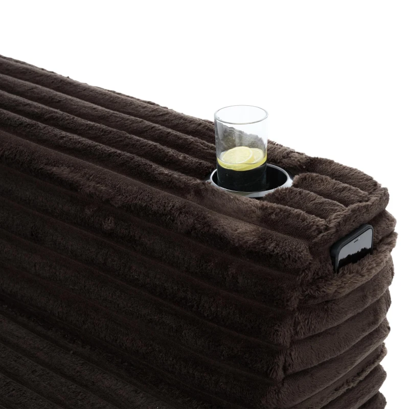 Divano a U in velluto a coste con portabicchieri integrato e tasca laterale, imbottitura a molle, 320x155x88 cm, Marrone