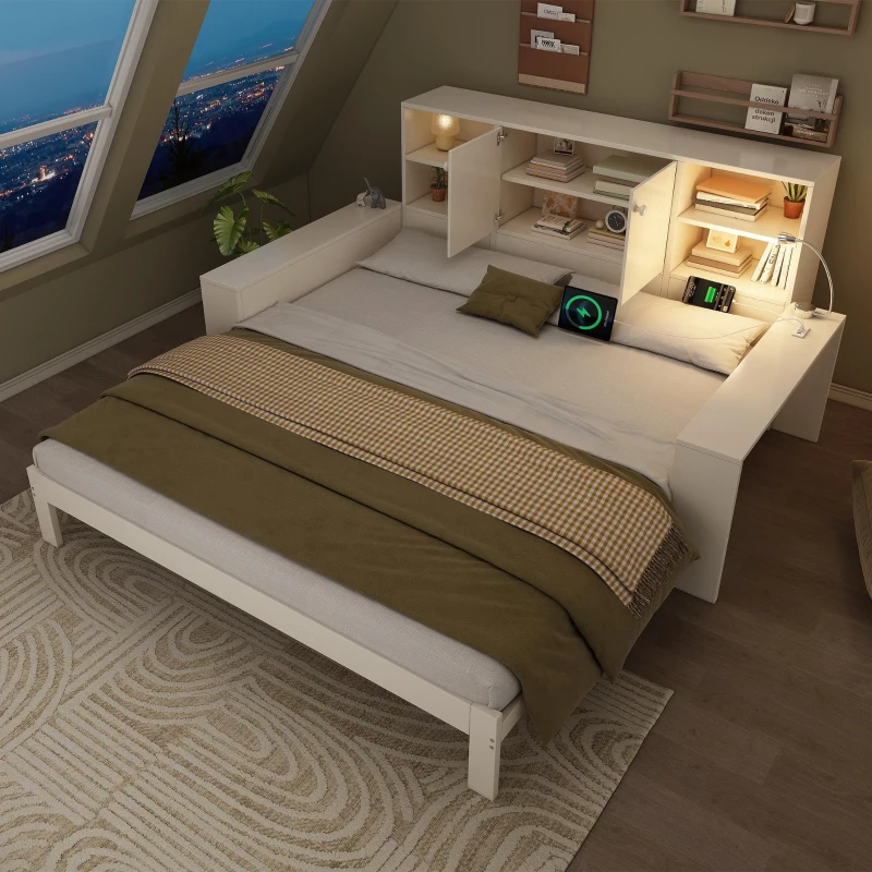 Cama com arrumação 90x200 cm, cama de hóspedes extensível 180x200 cm, 3 prateleiras reguláveis em altura, 237x133x100 cm, Branco