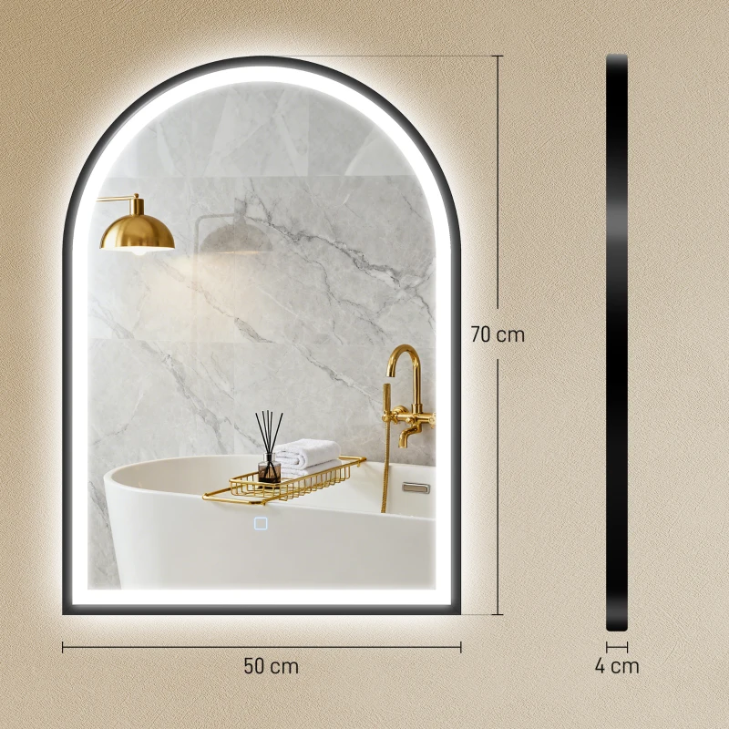 HOMCOM Miroir salle de bain avec éclairage 50 x 70 cm, miroir LED arqué, anti-buée, 3 couleurs lumière, dimmable, mémoire, noir