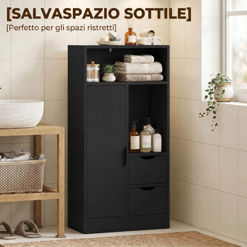 HOMCOM Mobile Bagno Slim con Cassetti, Ripiani Aperti e Armadietto, 50x25x100 cm, Nero