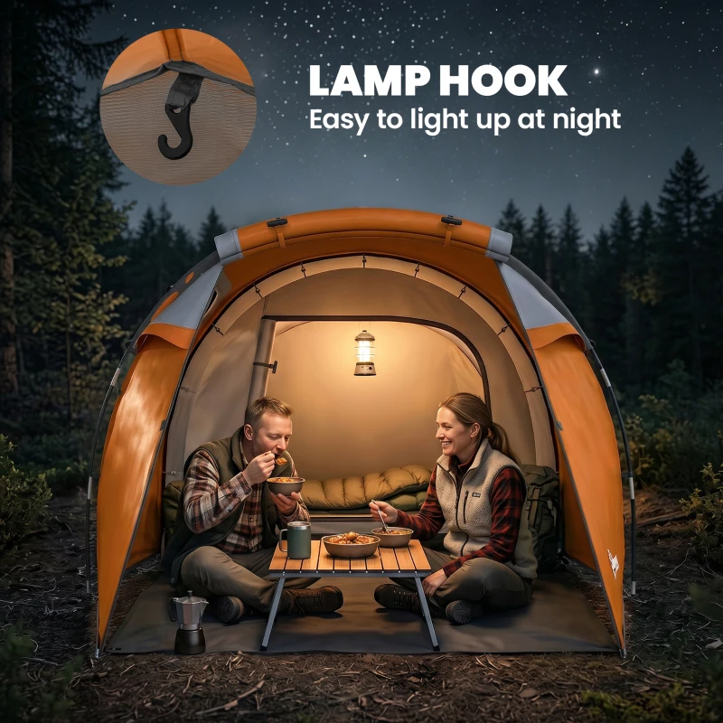 Outsunny 2 Man Tunnel Tent with Sewn-in Groundsheet, Air Vents, Rainfly, 2000mm Large Camping Tent with Bedroom, Porch, Living Area for Camping, Hiking, 426L x 206W x 154H cm, Orange