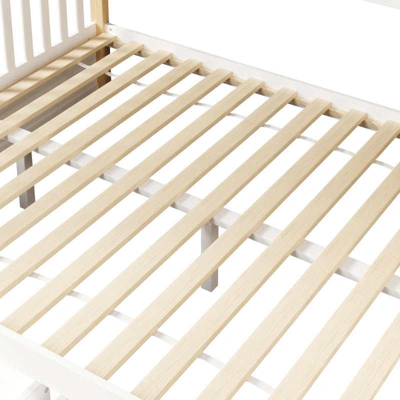 Beliche 90x200 sobre 140x200, grade de proteção elevada e escada, sem colchão, 254x145x150 cm, Branco+Cor natural