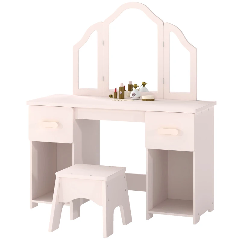 AIYAPLAY Coiffeuse pour Enfants avec Tabouret et Miroir à Trois Volets en Acrylique, 2 Tiroirs et 2 Placards, Rose