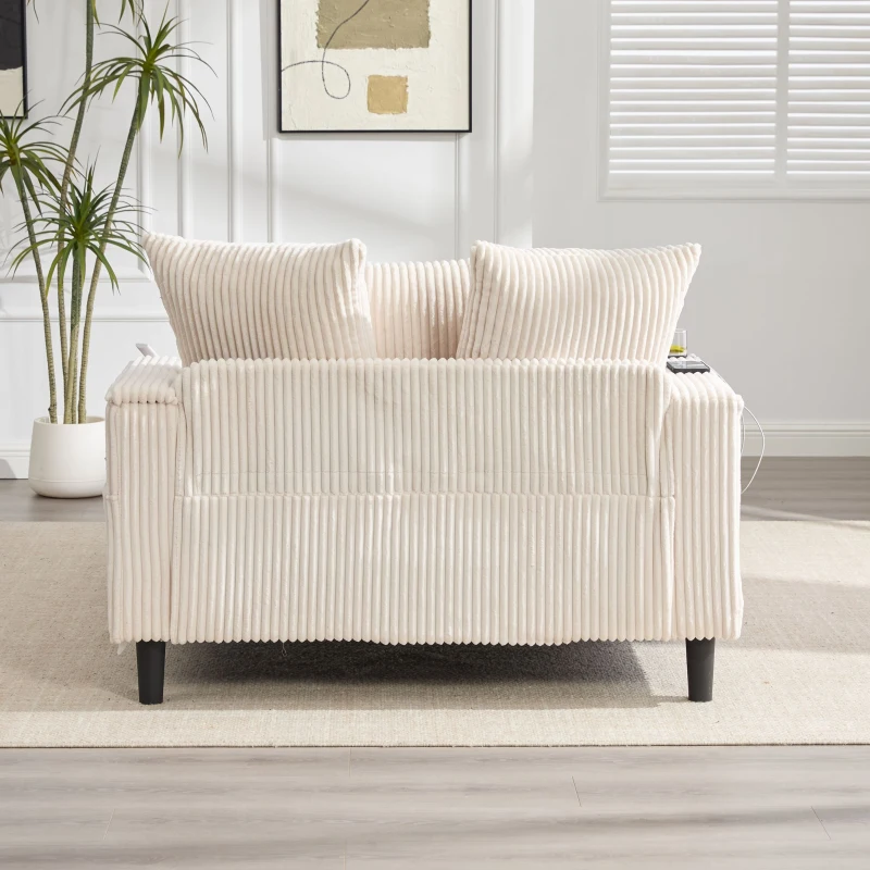 Chaise-longue multifuncional em veludo cotelê, porta-copos em ambos os lados e apoio de braço rebatível, 129x170x70 cm, Bege