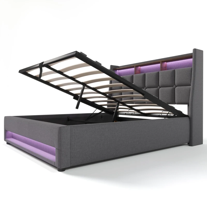 Cama estofada 140x200 cm com colchão, sistema de elevação a gás com arrumação, estrado de ripas metálicas e cabeceira estofada em linho, 210x145x117 cm, Cinzento