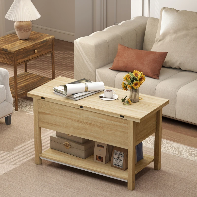 HOMCOM Mesa de centro elevável e extensível mesa de sala com compartimento oculto prateleira aberta 100x45x50,5cm madeira natural