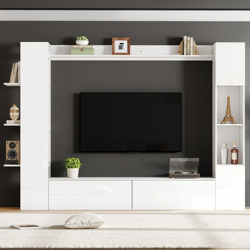 Conjunto mural compacto 4 peças, móvel de TV integrado com vitrine e prateleiras abertas, muito espaço de arrumação, 228x30x170 cm, Branco