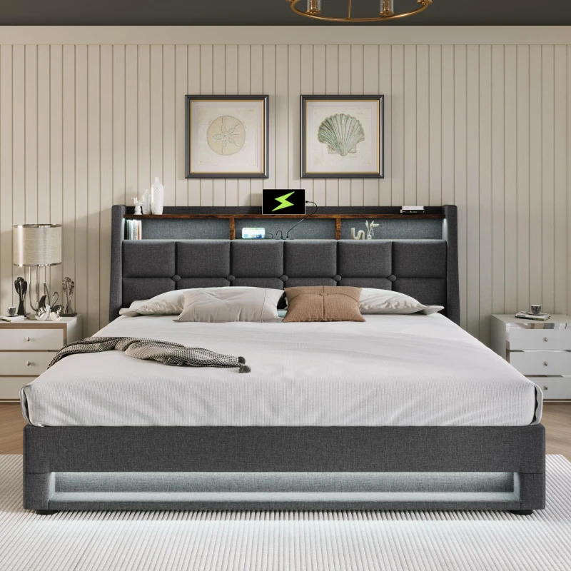 Cama estofada 140x200 cm com colchão, sistema de elevação a gás com arrumação, estrado de ripas metálicas e cabeceira estofada em linho, 210x145x117 cm, Cinzento