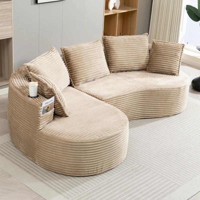 Bogesofa imbottito con portabicchieri su entrambi i lati, cuscini e tasca laterale, 250x152x82 cm, Kaki