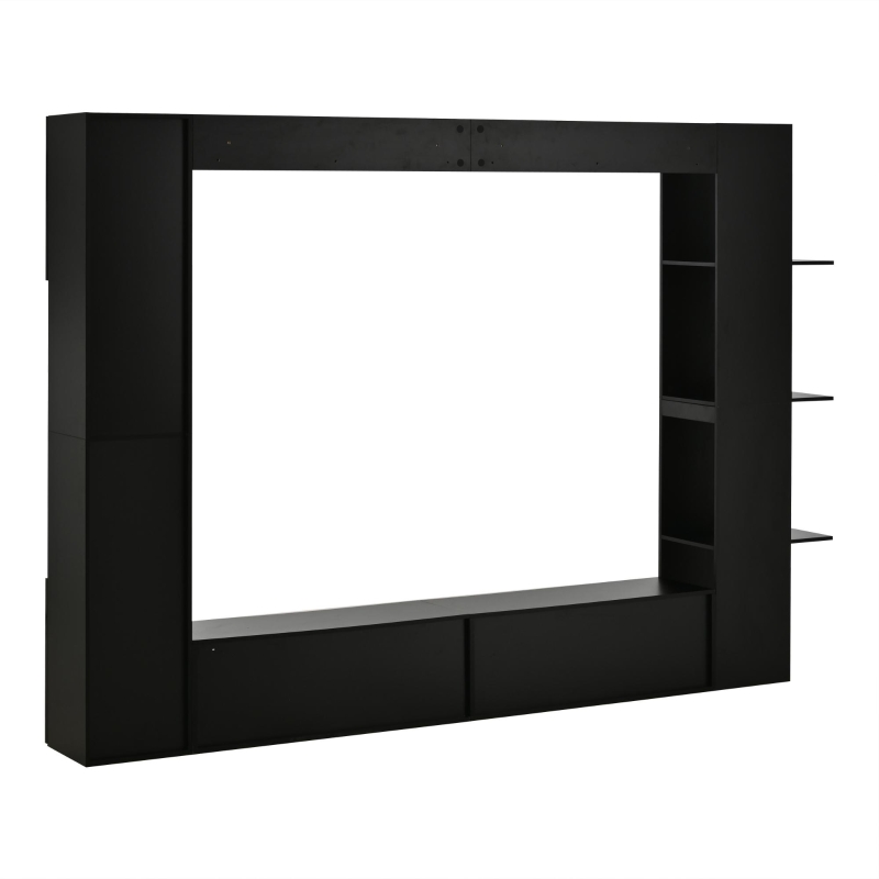 Mueble de salón compacto de 4 piezas, mueble de TV integrado con vitrina y estanterías abiertas, gran capacidad de almacenaje, 245x30x170 cm, Negro
