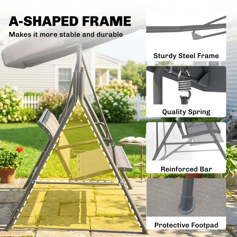 Outsunny 3 Seater Garden Swing Bench, Outdoor Swing Chair Hammock with Adjustable Canopy and Steel Frame, Grey