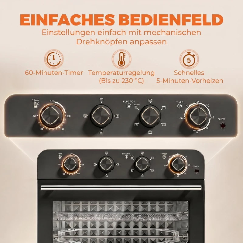 HOMCOM Heißluftfritteusen-Backofen mit Umluft und Drehspieß-Set, Temperaturregler, Timer, 1800 W