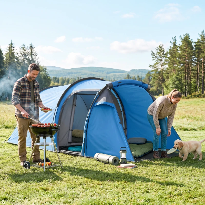 Outsunny 2 Man Tunnel Tent with Sewn-in Groundsheet, Air Vents, Rainfly, 2000mm Large Camping Tent with Bedroom, Porch, Living Area for Camping, Hiking, 426L x 206W x 154H cm, Sky Blue
