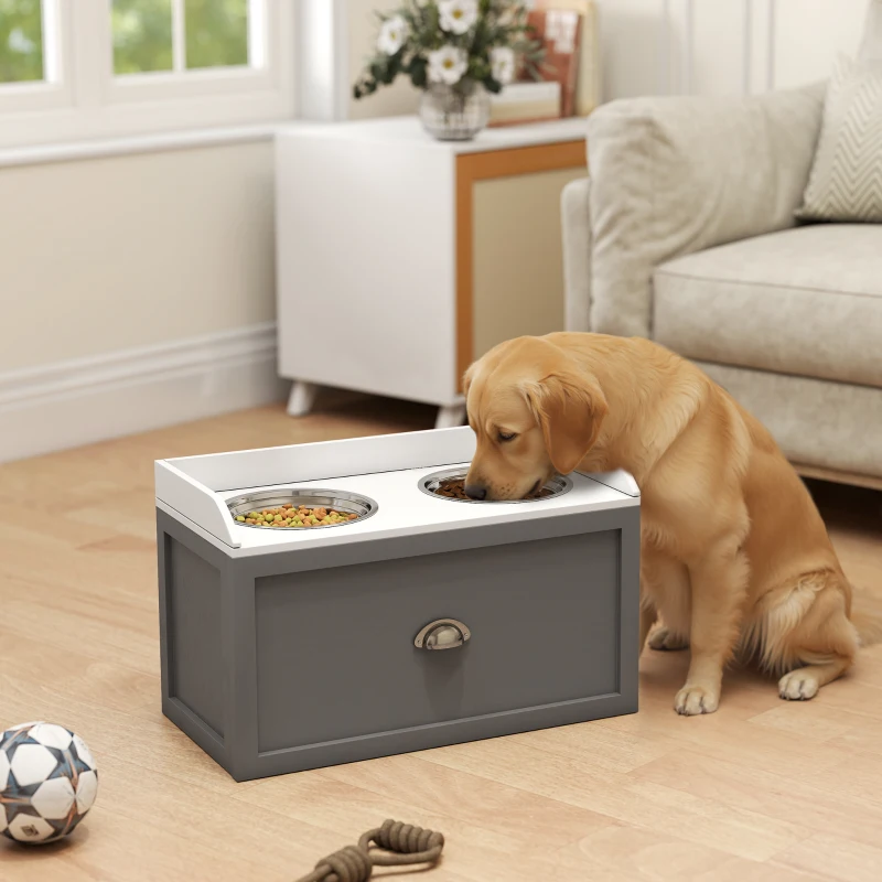 PawHut Gamelle double chien chat - porte-gamelles surélevé rangement 2 en 1 - tiroir, 2 gamelles - acier inox. MDF blanc gris