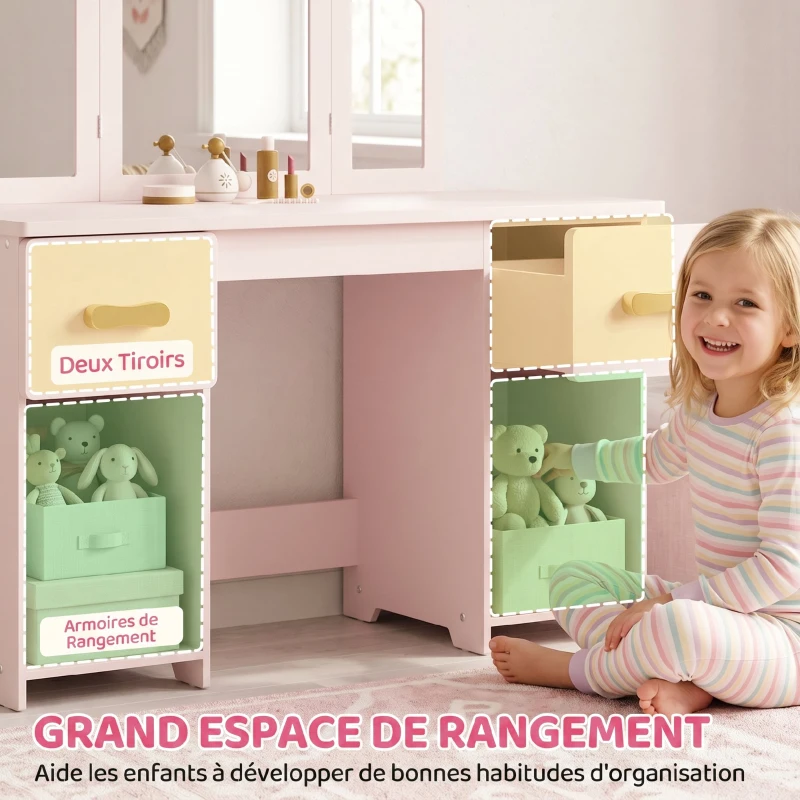 AIYAPLAY Coiffeuse pour Enfants avec Tabouret et Miroir à Trois Volets en Acrylique, 2 Tiroirs et 2 Placards, Rose