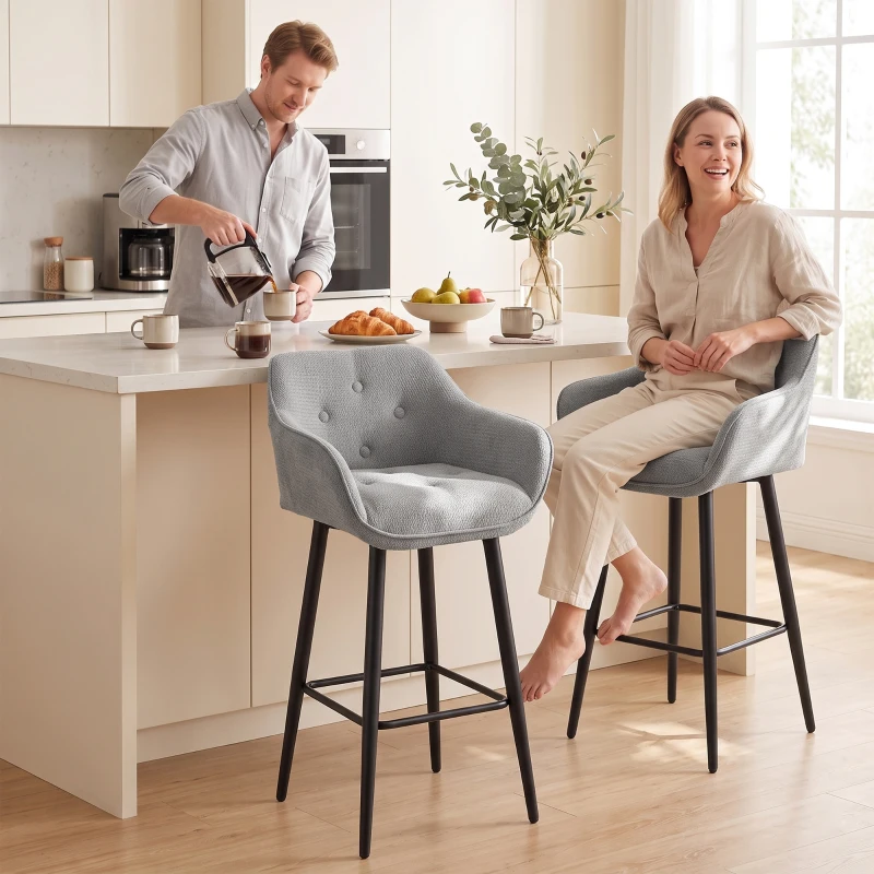 HOMCOM Conjunto de 2 Banquetas de Bar, Cadeiras de Bar Estofadas em Chenille, Assento Largo 67 cm, Encosto e Apoio para os Pés, Cinza