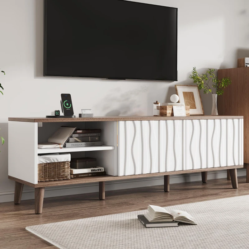 Mobile TV LED RGB con ante scorrevoli e ampio spazio portaoggetti, 160x40x52 cm, Bianco