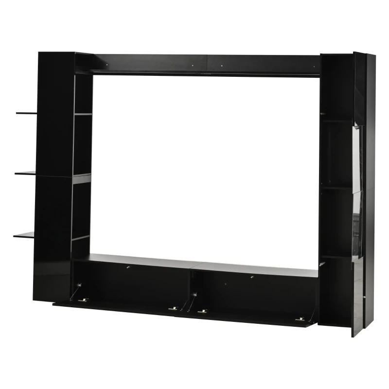 Mueble de salón compacto de 4 piezas, mueble de TV integrado con vitrina y estanterías abiertas, gran capacidad de almacenaje, 245x30x170 cm, Negro