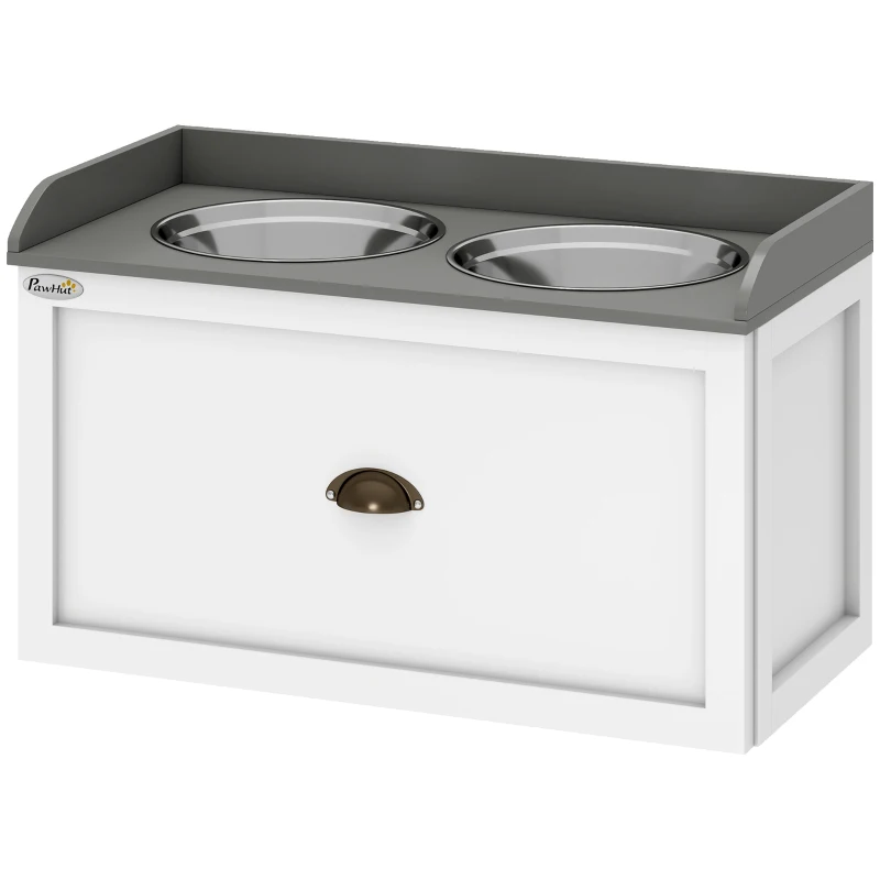 PawHut Gamelle double chien chat - porte-gamelles surélevé rangement 2 en 1 - tiroir, 2 gamelles - acier inox. MDF blanc gris