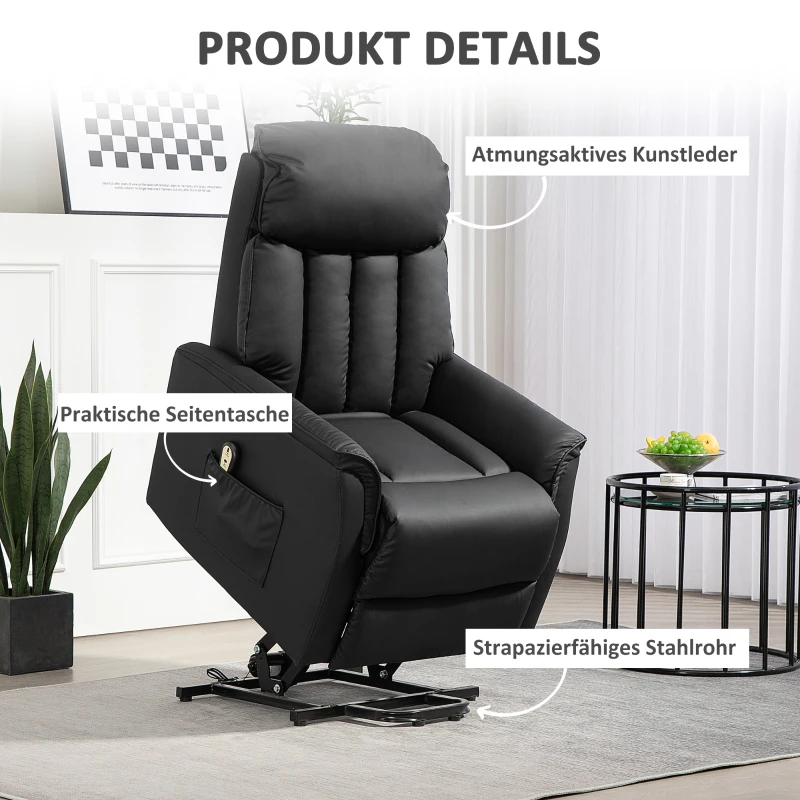 HOMCOM Elektrische Opsta-Stoel, TV-Stoel, Stoel met Opsta-Hulp, Ligfunctie, Kunstleer, 80 x 94 x 104 cm, Zwart