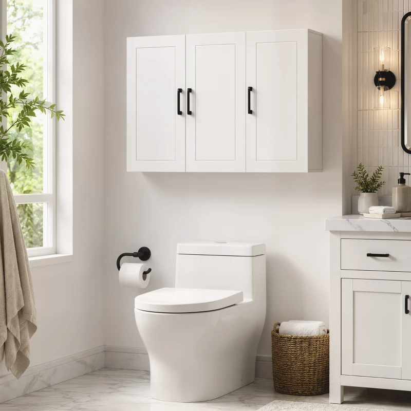 HOMCOM Mobile Bagno da Parete con 3 Ante, Ripiano Regolabile, per Soggiorno e Ingresso, Salvaspazio, 90x30x60 cm, Bianco