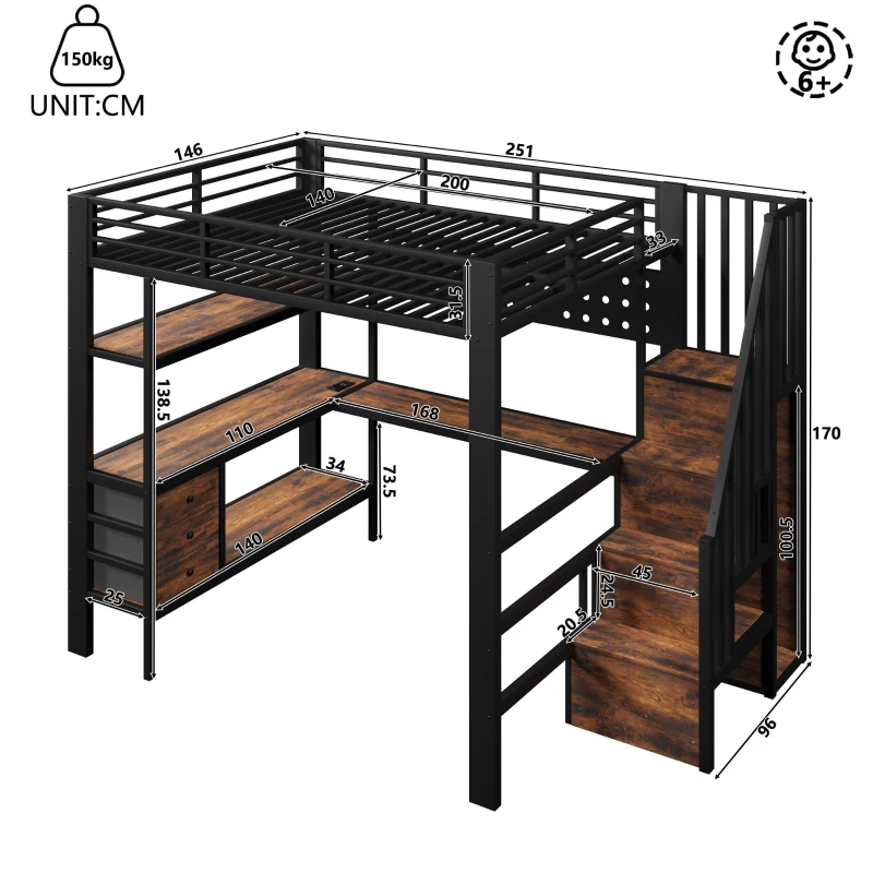 Cama alta 140 x 200 cm, prateleira integrada e 3 gavetas, sem colchão, 251x146x170 cm, Preto