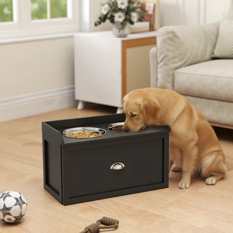 PawHut Gamelle Double Chien Chat - Porte-Gamelles Surélevé Rangement 2 en 1 - Tiroir, 2 Gamelles - Acier Inox MDF Noir
