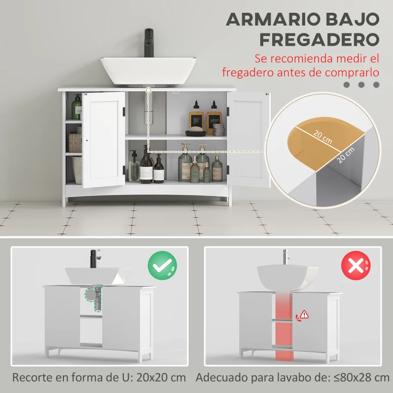 kleankin Mueble Bajo Lavabo de Pie con 2 Puertas y Estantes Ajustables Antivuelco Estilo Moderno 90x30x60 cm Blanco