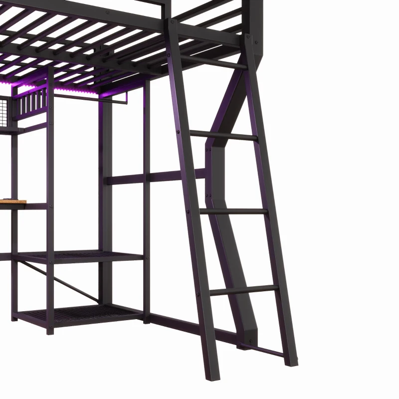 Cama alta 140x200 cm com secretária integrada, fita LED regulável e tomada integrada, 204x181,5x180 cm, Preto