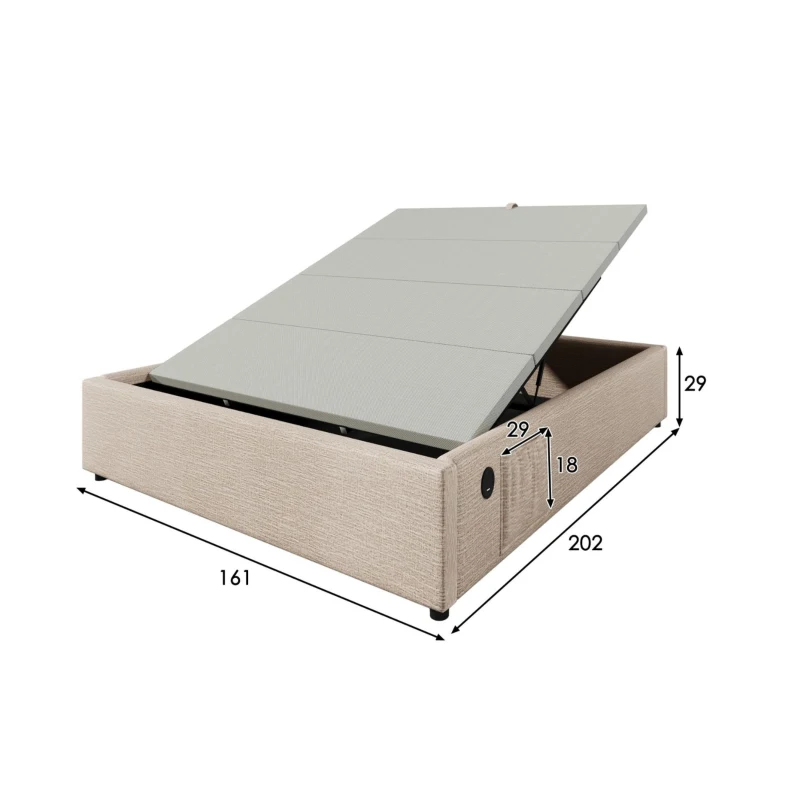 Cama estofada Cama de casal 160×200 cm, Cama com arrumação e pistões hidráulicos silenciosos, sem cabeceira, 202x161x29 cm, Bege+Cor natural