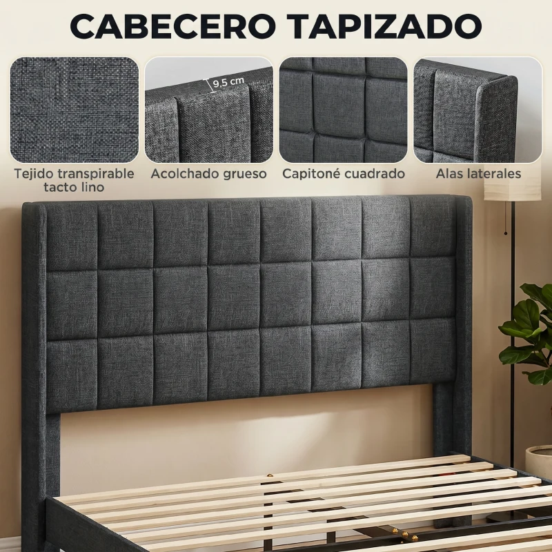 HOMCOM Cama 135x190 cm con Almacenaje Inferior Tapizada y Cabecero Acolchado con Orejas Gris