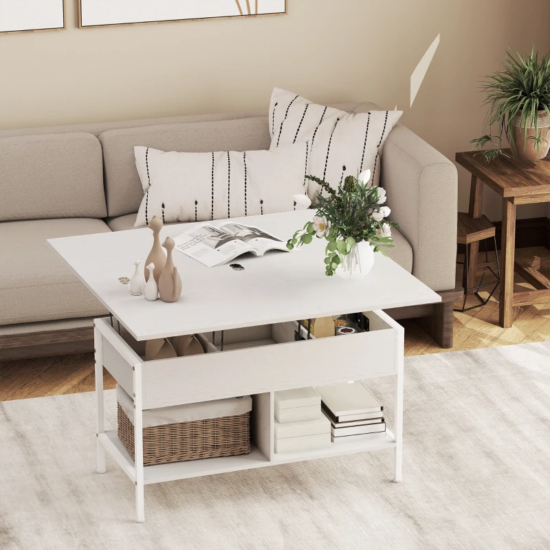 HOMCOM Mesa de Centro Elevable y Extensible con Compartimento Oculto y Estantes Abiertos 98x49x55 cm Blanco