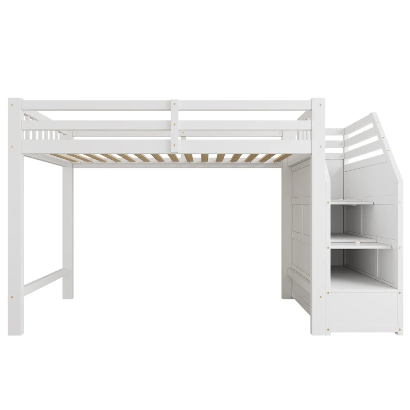 Letto a soppalco per bambini con rete a doghe, parapetto perimetrale e vano portaoggetti, 256x98,5x147 cm, Bianco