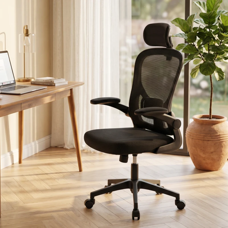 HOMCOM Bürostuhl Ergonomischer Schreibtischstuhl mit Hochklappbaren Armlehnen, Verstellbarer Lendenwirbelstütze Schwarz
