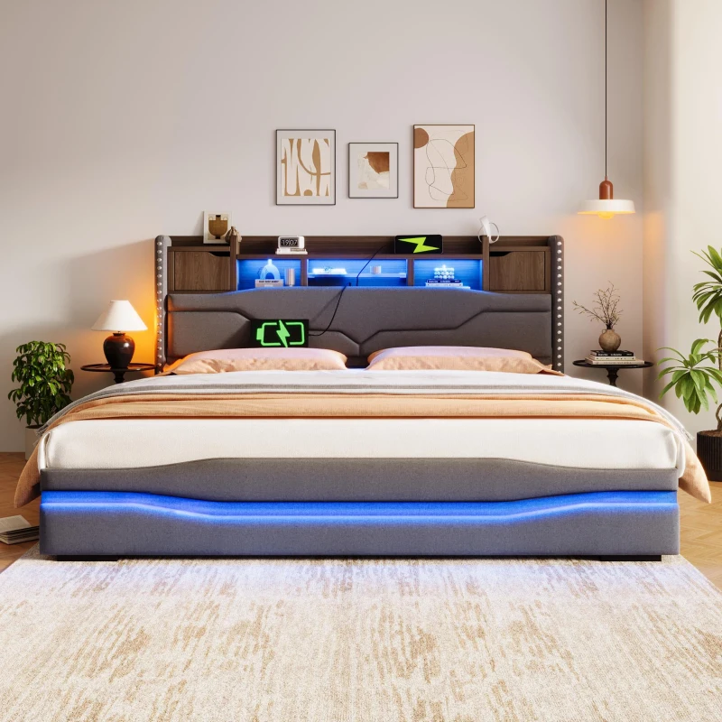Cama estofada 180×200 cm, cama com arrumação hidráulica, sem colchão, 219x186,5x110 cm, Cinzento