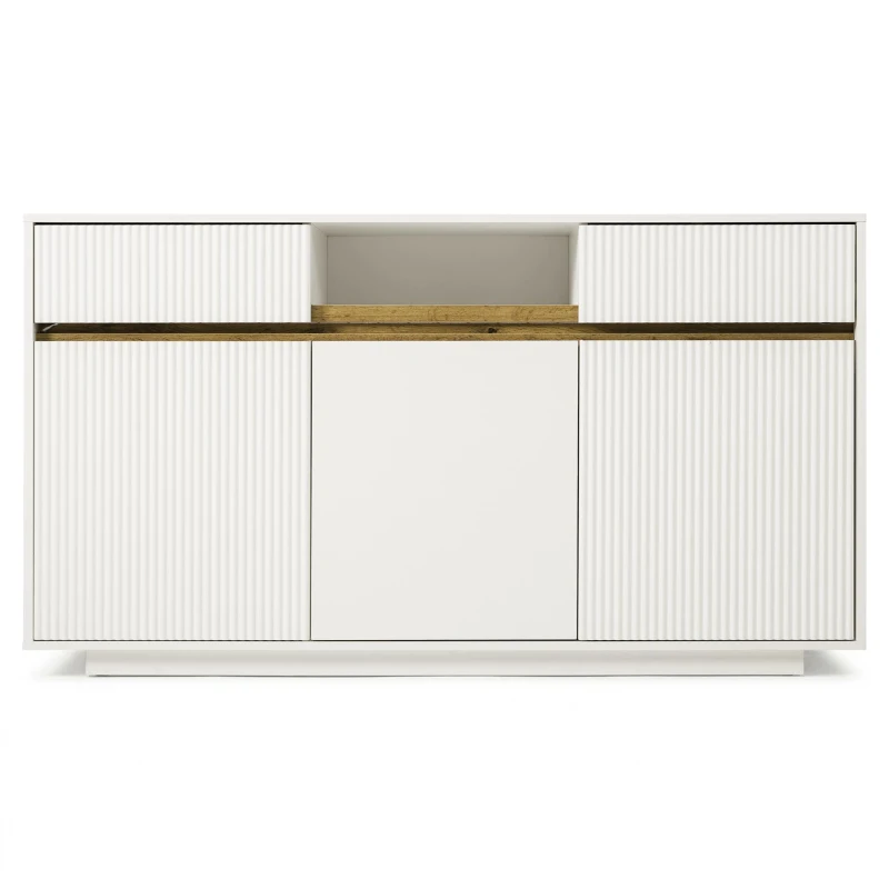 Madia moderna con striscia LED, 2 cassetti e 3 ante, ripiani regolabili, 140x40x85 cm, Bianco