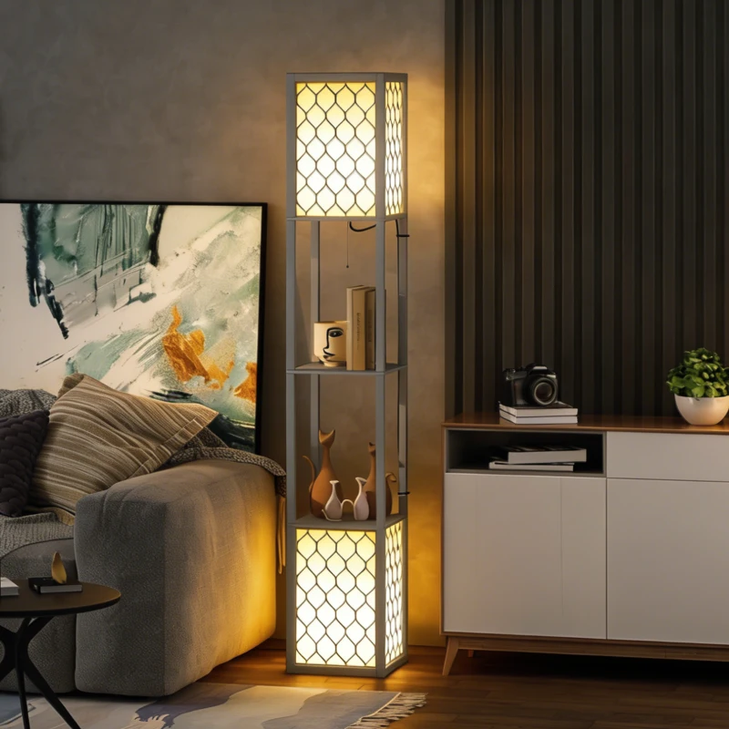 HOMCOM Floor Lamp with Shelves, Dual Light, Modern Tall Standing Lamps, with Pull Chain Switch (Bulb not Included), Light Grey