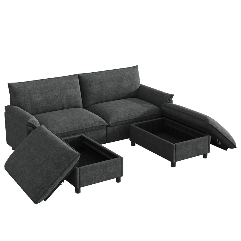 Divano a U con pouf poggiapiedi flessibile e vano portaoggetti nascosto, 216x77x82 cm, Nero